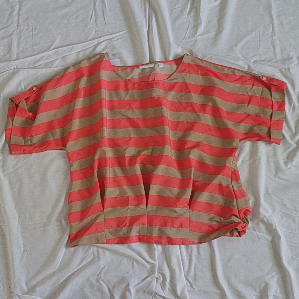 New York & Company Coral and Beige Striped Blouse